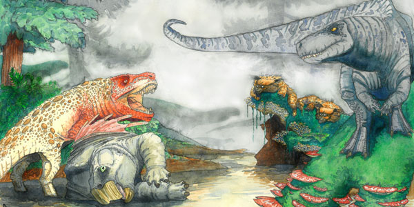 Artist’s reconstruction of two rauisuchians fighting over a desiccated corpse of a mammal-relative in the Triassic of southern Africa. In the background, dinosaurs and mammal-like reptiles form other parts of the ecosystem. Credit: Viktor Radermacher